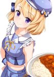  1girl ame. anchor_symbol azur_lane bangs beret blonde_hair blue_bow blue_headwear blue_serafuku blue_shirt blue_skirt blush bow breasts closed_mouth collarbone commentary_request curry curry_rice eyebrows_visible_through_hair fingernails food hair_bow hand_on_hip hat highres holding holding_plate medium_breasts midriff neck_ribbon plate pleated_skirt purple_eyes ribbon rice sailor_collar school_uniform serafuku shirt simple_background skirt sleeveless sleeveless_shirt smile solo striped striped_bow white_background white_sailor_collar wrist_cuffs yellow_ribbon z23_(azur_lane) 
