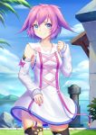  +_+ 1girl absurdres bangs blue_eyes blue_sky breasts building collarbone day detached_sleeves dress highres looking_at_viewer medium_breasts nail_polish original outdoors palm_tree purple_hair short_hair sky smile solo sonikey0_0 thighhighs tree water white_dress 