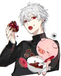  1boy animal apron blush bowl chocolate doughnut earrings eyebrows_visible_through_hair fang fingernails food holding holding_bowl holding_chocolate holding_spatula jewelry loalo male_focus open_mouth original pig pointy_ears red_eyes ring scribble sharp_fingernails simple_background sweat turtleneck white_background white_hair 