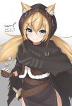  1girl animal_ear_fluff animal_ears bangs belt blonde_hair blue_eyes brown_gloves cloak closed_mouth cowboy_shot dagger dated ears_through_headwear fang fingerless_gloves fur_trim girls_frontline gloves hair_between_eyes hood idw_(girls_frontline) long_hair looking_at_viewer low_twintails pelvic_curtain sheath signature smile solo standing thighs twintails twitter_username unel v-shaped_eyebrows weapon 