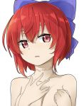  1girl bangs blue_bow blush bow breasts collarbone commentary_request covering covering_breasts hair_between_eyes hair_bow hands_on_own_chest looking_at_viewer nude parted_lips portrait red_eyes red_hair sekibanki short_hair simple_background small_breasts solo touhou tyouseki white_background 