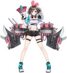  1girl a.i._channel ankle_boots azur_lane bangs bare_shoulders belt black_gloves black_legwear black_shorts blue_eyes blush boots bow bowtie breasts brown_hair cannon character_name choker cropped_jacket detached_sleeves eyebrows_visible_through_hair fingerless_gloves full_body gloves hairband headphones headphones_around_neck holding_megaphone jacket kizuna_ai kizuna_ai_(supergamer)_(azur_lane) kurot lace-trimmed_tubetop looking_at_viewer multicolored_hair navel official_art open_clothes open_jacket outstretched_arm pink_hair pink_hairband ribbon rigging sailor_collar shirt short_hair short_shorts shorts sidelocks skirt smile socks solo strapless streaked_hair tachi-e thigh_strap thighs torpedo_tubes transparent_background tubetop turret virtual_youtuber wind 