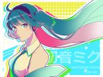  1girl absurdres ahoge artist_name black_hairband blue_eyes blue_hair blue_neckwear character_name collared_shirt detached_sleeves floating_hair hairband hatsune_miku headphones highres long_hair looking_at_viewer multicolored_hair necktie parted_lips pink_hair shiny shiny_hair shirt sleeveless sleeveless_shirt solo two-tone_hair upper_body very_long_hair vocaloid white_shirt wing_collar yen-mi 