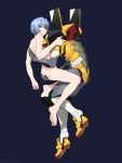  1girl 1other ass_grab ayanami_rei back blue_hair eva_00 highres hug looking_at_viewer mecha neon_genesis_evangelion nude open_mouth rebuild_of_evangelion red_eyes short_hair simple_background turbo_engine_(rakugaki_tabo) 