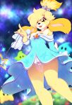  2019 animal_crossing anthro blonde_hair breasts canid canine canis clothed clothing cosplay digital_media_(artwork) domestic_dog dress female hair hair_over_eye hi_res isabelle_(animal_crossing) mammal mario_bros nintendo nipples no_underwear open_mouth pussy rainbowscreen rosalina_(mario) shih_tzu solo super_mario_galaxy toy_dog upskirt video_games wand 