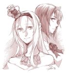  2girls ark_royal_(kantai_collection) bangs bare_shoulders blunt_bangs bob_cut braid chains closed_mouth collarbone crown dated dress eyebrows_visible_through_hair flower french_braid hair_between_eyes hair_ornament hair_over_shoulder hairband jewelry kantai_collection long_hair looking_at_viewer mini_crown monochrome multiple_girls necklace off-shoulder_dress off_shoulder ribbon rose short_hair signature simple_background tiara upper_body warspite_(kantai_collection) white_background yamada_rei_(rou) 
