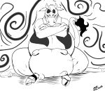  anthro barefoot belly big_belly black_and_white bovid bovine cattle clothed clothing cow_tail crossed_arms eyes_closed female fingers fur holstein_friesian_cattle hooved_fingers hooves horn kami_(reagan700) mammal monochrome overweight overweight_female riis solo spots spotted_fur squish tail_jewelry tail_tuft teats thick_thighs tuft udders 