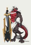  abs anthro biceps big_sword cloth convenient_censorship dragon full-length_portrait grey_scales hair hi_res holding_sword horn long_hair male markings mostly_nude muscular muscular_male pecs portrait pubes red_scales scales scalie simple_background smile solo soren_ashe standing tsbellatre western_dragon white_background white_hair 