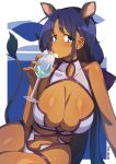  1girl abhaya_singh animal_ears black_hair blue_eyes breasts character_request cleavage cup dark_skin drink drinking_glass drinking_straw eyebrows_visible_through_hair huge_breasts long_hair looking_at_viewer original shiny shiny_hair shiny_skin solo strike_witches strike_witches_(lionheart_witch) swimsuit tail tilt-shift world_witches_series 