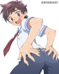  1boy ass ass_grab belt blush breast_pocket brown_eyes brown_hair cowboy_shot dated enotou_(enotou_moi) looking_back male_focus necktie open_mouth pocket red_neckwear sarazanmai school_uniform simple_background twisted_torso white_background yasaka_kazuki 