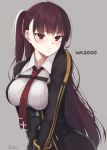  artist_name bangs blush breasts character_name commentary_request embarrassed girls_frontline hair_ornament hair_ribbon highres jacket large_breasts long_hair long_jacket looking_at_viewer necktie purple_hair razaria red_eyes red_neckwear red_ribbon ribbon shirt simple_background very_long_hair wa2000_(girls_frontline) white_shirt 