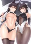  2girls :o animal_ears atago_(azur_lane) azur_lane bangs belly bikini black_bikini black_hair blunt_bangs blush bow breast_press breasts cameltoe covered_navel eyebrows_visible_through_hair fingernails from_below hair_bow hair_ribbon hand_on_hip hand_up high_collar high_ponytail highleg highleg_bikini highleg_leotard holding holding_umbrella large_breasts leotard light_smile lips long_hair looking_at_viewer mole mole_under_eye multiple_girls navel pantyhose ponytail ribbon sama_samasa simple_background skindentation smile swept_bangs swimsuit takao_(azur_lane) thighhighs thighs umbrella underboob white_background white_bow white_ribbon yellow_eyes 