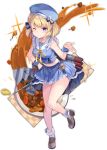  1girl ;) azur_lane bangs bare_shoulders beret blonde_hair blue_bow blue_headwear blue_serafuku blue_shirt blue_skirt blush bow breasts brown_footwear closed_mouth eyebrows_visible_through_hair food full_body hand_up hat medium_breasts midriff navel neck_ribbon official_art one_eye_closed plate pleated_skirt purple_eyes ribbon rice sakura_koharu school_uniform serafuku shirt shoes skirt sleeveless sleeveless_shirt smile socks spoon standing standing_on_one_leg transparent_background white_legwear white_shirt wrist_cuffs yellow_ribbon z23_(azur_lane) 