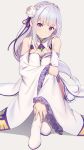  1girl bangs bare_shoulders blunt_bangs blush braid breasts cleavage commentary_request crossed_ankles detached_sleeves dress elf emilia_(re:zero) flower french_braid full_body gem hair_flower hair_ornament hair_ribbon highres hyuuga_azuri lavender_hair long_hair looking_at_viewer low-tied_long_hair medium_breasts miniskirt pleated_skirt pointy_ears purple_eyes purple_ribbon re:zero_kara_hajimeru_isekai_seikatsu ribbon rose sidelocks simple_background sitting skirt smile solo thighhighs white_dress white_flower white_legwear white_rose x_hair_ornament 