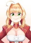  1girl absurdres ahoge bangs blonde_hair breasts cleavage corset dress eyebrows_visible_through_hair fate_(series) green_eyes highres long_hair looking_at_viewer nero_claudius_(fate)_(all) rokuuso simple_background smile solo 