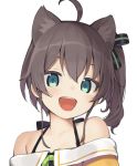  1girl :d ahoge animal_ear_fluff animal_ears bangs bare_shoulders black_bow blue_eyes blush bow brown_hair cat_ears collarbone commentary_request eyebrows_visible_through_hair hair_between_eyes hair_bow highres hololive long_hair looking_at_viewer natsuiro_matsuri off-shoulder_shirt off_shoulder open_mouth orange_shirt seramikku shirt smile solo striped striped_bow upper_teeth virtual_youtuber 