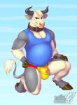  anthro belly big_belly bovid bovine bulge cattle clothing collar hi_res horn looking_at_viewer male mammal shirt slightly_chubby smile solo tank_top topwear underwear vallhund 