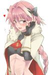  1boy astolfo_(fate) black_gloves blush bow braid cape commentary_request fate/grand_order fate_(series) fur_collar fur_trim gloves hair_bow hair_intakes heart highres long_hair male_focus moekichi navel open_mouth pink_hair red_heart ribs simple_background single_braid skin_fang solo trap upper_body white_background 