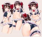  1girl ass bikini black_bikini black_hair bow bowtie detached_collar detached_sleeves flat_chest frilled_bikini frills from_behind garter_belt grey_background groin kurokawa_makoto looking_at_viewer love_live! love_live!_school_idol_project maid_bikini maid_headdress multiple_views navel puffy_short_sleeves puffy_sleeves red_eyes red_neckwear short_sleeves simple_background swimsuit twintails yazawa_nico 