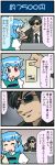  1boy 1girl 4koma artist_self-insert black_coat black_hair black_lagoon blue_eyes blue_hair card comic commentary_request english_text eyes_closed gradient gradient_background grin heterochromia highres juliet_sleeves long_sleeves mizuki_hitoshi mr_chang necktie open_mouth puffy_sleeves red_eyes shaded_face short_hair smile sunglasses surprised sweatdrop tatara_kogasa touhou translation_request trench_coat vest waving 