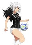  1girl ball black_eyes black_hair brazil brazilian breasts cowboy_shot ear_piercing highres iaranaika kneehighs long_hair looking_at_viewer miniskirt multicolored_hair original piercing sc_corinthians_paulista shirt simple_background skirt smile soccer soccer_ball soccer_uniform socks solo sportswear thighhighs thighs white_background white_hair white_legwear 