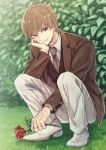  1boy black_jacket brown_hair brown_neckwear collared_shirt day eyes_closed flower full_body gintama head_rest holding holding_flower jacket long_sleeves okita_sougo open_clothes open_jacket outdoors pants red_flower red_rose rose shirt smile solo squatting szzz_k white_footwear white_pants white_shirt wing_collar 