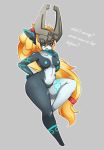  1girl black_skin breasts collarbone fang full_body glowing_markings glowing_nipples grey_background grey_skin helmet highres imp long_hair looking_at_viewer midna navel nintendo nipples one_eye_covered open_mouth orange_hair pointy_ears pussy red_eyes simple_background solo teal_nipples text_focus the_legend_of_zelda the_legend_of_zelda:_twilight_princess two-tone_skin uncensored yellow_sclera 