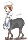  apron boots brown_hair centaur dress hat highres konzu_mei monster_girl original red_eyes short_hair simple_background smile white_background 