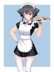 1girl alternate_costume apron arm_up black_dress black_hair blue_background braid breasts cake commentary_request contrapposto dress enmaided eyebrows_visible_through_hair feet_out_of_frame food frilled_apron frilled_skirt frills girls_und_panzer grin hand_on_hip highres holding holding_tray looking_at_viewer maid maid_apron maid_headdress medium_breasts one_eye_closed orange_eyes pepperoni_(girls_und_panzer) plate puffy_short_sleeves puffy_sleeves ruka_(piyopiyopu) shiny shiny_hair short_sleeves simple_background single_braid single_sidelock skirt smile solo standing teeth thighhighs tray white_legwear 