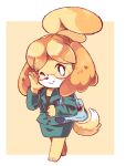  2019 animal_crossing anthro black_nose blonde_hair canid canine canis clothing dipstick_tail domestic_dog eyewear female floppy_ears fur glasses hair hnzk_aroma isabelle_(animal_crossing) mammal multicolored_tail nintendo one_eye_closed smile solo suit video_games white_fur wink yellow_fur 