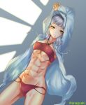  1girl abs aona_(kuuga19yuu) arm_up bikini breasts collarbone commentary_request fate/grand_order fate_(series) hood hood_up hoodie looking_at_viewer medium_breasts muscle muscular_female open_clothes open_hoodie penthesilea_(fate/grand_order) red_bikini short_hair silver_hair solo swimsuit twitter_username underboob yellow_eyes 