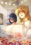  2girls abhaya_singh areolae bath bathing bathroom blonde_hair blue_hair blush breasts ceiling_fan dan_kanemitsu eyebrows eyebrows_visible_through_hair eyes_closed green_eyes hannelore_kummel huge_breasts long_hair multiple_girls nipples nude open_mouth petals petals_on_liquid shiny shiny_hair shiny_skin smile strike_witches strike_witches_(lionheart_witch) wet window world_witches_series 