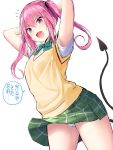  1girl :o angry annoyed armpits arms_behind_head arms_up blue_eyes bow bowtie cowboy_shot demon_tail fang green_neckwear green_skirt hair_ribbon highres leaning_forward long_hair looking_at_viewer nana_asta_deviluke oekakizuki panties pantyshot pantyshot_(standing) pink_eyes pink_hair plaid plaid_skirt ribbon school_uniform shirt simple_background skirt solo standing tail to_love-ru to_love-ru_darkness translation_request twintails underwear vest white_background white_panties white_shirt yellow_vest 