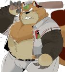  2019 anthro baseball_(sport) baseball_uniform belly canid canine clothing doraemon humanoid_hands hyaku1063 leaf male mammal overweight overweight_male pants pokoemon_(character) raccoon_dog shirt solo sport sportswear tanuki topwear uniform 