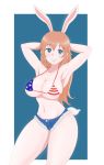  1girl american_flag_bikini animal_ears bikini blue_eyes blush breasts brown_hair bunny_ears bunny_tail charlotte_e_yeager flag_print highres large_breasts looking_at_viewer osage_gankyou short_shorts shorts smile solo strike_witches swimsuit swimwear tail world_witches_series 