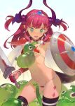  1girl aqua_eyes areola_slip areolae armor bikini bikini_armor black_legwear breasts circlet commentary contrapposto cowboy_shot detached_collar elizabeth_bathory_(brave)_(fate) elizabeth_bathory_(fate)_(all) english_commentary fang fate/grand_order fate_(series) gauntlets highres horns long_hair navel open_mouth pauldrons pink_hair pointy_ears pussy_peek red_bikini shield sidelocks slime small_breasts solo swimsuit sword tears thighhighs tim_loechner two_side_up weapon 