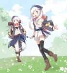  1boy 1girl alternate_costume backpack bag bandanna belt black_gloves black_legwear blue_sky cloud day female_my_unit_(fire_emblem:_kakusei) fingerless_gloves fire_emblem fire_emblem:_kakusei fire_emblem_heroes flower gloves grass long_sleeves male_my_unit_(fire_emblem:_kakusei) menoko my_unit_(fire_emblem:_kakusei) nintendo open_mouth outdoors petals short_hair sky white_hair yellow_eyes 