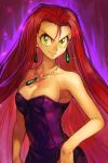  1girl aura bare_shoulders breasts cleavage cowboy_shot dress earrings ghost_sweeper_mikami green_eyes hankuri jewelry long_hair looking_at_viewer medium_breasts mikami_reiko necklace red_hair smile solo sparkle strapless strapless_dress very_long_hair 