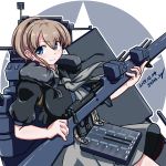  1girl 547th_sy adapted_weapon apron black_shirt blue_eyes brown_hair commentary_request cowboy_shot flight_deck grey_neckwear grey_skirt gun highres intrepid_(kantai_collection) kantai_collection looking_at_viewer machinery miniskirt neck_pillow one_eye_closed ponytail rifle rigging shirt short_hair skirt smile solo turret twitter_username weapon white_background 