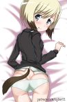  1girl ass bed blonde_hair blue_eyes blush breasts butt_crack cameltoe dog_tail erica_hartmann eyebrows eyebrows_visible_through_hair highres looking_at_viewer looking_back lying military military_uniform on_stomach panties short_hair small_breasts solo strike_witches tail underwear uniform white_panties world_witches_series 