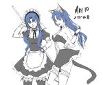  1girl 2girls alternate_costume animal_ears apron arm_behind_head axia-chan black_ears blue_eyes breasts cat_ears cat_tail ciel enmaided garter_straps hand_on_hip long_hair looking_at_viewer maid maid_apron maid_headdress medium_breasts multiple_girls multiple_views ponytail red_eyes sideboob sidelocks sketch smile solo tail thighhighs thighs tsukihime type-moon white_background 