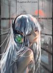  1girl commentary english_commentary eyes_closed grey_hair head_tilt headphones highres long_hair multicolored_hair original profile smile solo two-tone_hair upper_body watermark web_address wenqing_yan white_hair window 