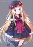  1girl abigail_williams_(fate/grand_order) asymmetrical_legwear bangs black_bow black_choker black_dress black_headwear black_legwear blonde_hair blue_eyes bow braid brown_footwear character_name choker collarbone commentary_request dress eyebrows_visible_through_hair fate/grand_order fate_(series) forehead full_body grey_background hair_bow hat highres ko_yu long_hair long_sleeves looking_at_viewer mob_cap orange_bow parted_bangs parted_lips shoes side_braids simple_background single_thighhigh sleeves_past_fingers sleeves_past_wrists solo thighhighs twin_braids very_long_hair 