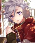  1boy earmuffs fingerless_gloves gloves grey_hair hair_between_eyes hands_together looking_at_viewer mahou_tsukai_to_kuroneko_no_wiz male_focus natsu_(728) purple_eyes smile solo twitter_username 