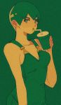  1girl breasts cleavage cowboy_shot cup drinking_straw foo_fighters green_background green_eyes green_hair green_lips green_overalls holding holding_cup jojo_no_kimyou_na_bouken looking_at_viewer medium_breasts overalls parted_lips pikurusu short_hair simple_background sleeveless solo stone_ocean 