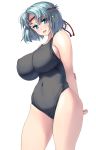  1girl arms_behind_back bare_shoulders black_swimsuit blue_eyes blue_hair breasts commentary_request covered_navel curvy erect_nipples highres huge_breasts looking_at_viewer masao open_mouth original rope round_teeth school_swimsuit short_hair sideboob smile solo swimsuit teeth thighs 
