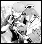  1boy 1girl apron benienma_(fate/grand_order) cocktail_shaker death_note facial_hair fate/grand_order fate_(series) greyscale hair_between_eyes hat holding horn james_moriarty_(fate/grand_order) katana long_hair monochrome mustache necktie parody pointing ponytail sheath smile sword syatey unsheathing vest weapon yagami_light 