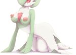  1girl all_fours breasts creatures_(company) female game_freak gardevoir gen_3_pokemon green_hair green_skin hair_over_one_eye kanzaki_(doritoru) large_breasts looking_to_the_side nintendo nipples no_mouth pokemon pokemon_(creature) pussy red_eyes short_hair simple_background solo textless third-party_edit two-tone_skin white_background white_skin 