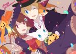  1boy 1girl blonde_hair blue_eyes brown_hair commentary_request digimon digimon_adventure digimon_adventure_tri. hair_ornament hairclip halloween hat looking_at_viewer maydream open_mouth patamon pumpkin short_hair smile tailmon takaishi_takeru witch_hat yagami_hikari 