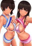  2girls akagi_(kantai_collection) arm_up armpits bikini_top boyshorts breast_press breasts brown_eyes brown_hair cleavage closed_mouth contrapposto cowboy_shot erect_nipples eyebrows_visible_through_hair hand_on_own_chest head_tilt highres kaga_(kantai_collection) kantai_collection large_breasts lifted_by_self long_hair looking_at_viewer medium_hair midriff multiple_girls navel pink_bikini_top shiny shiny_skin shirt_lift short_shorts shorts side_ponytail sideboob sidelocks simple_background smile sweat symmetrical_docking tan tank_top wa_(genryusui) white_background white_bikini_top 